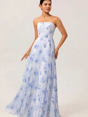 Blue Chiffon Strapless Floral Long Wedding Guest Dress with Pleats